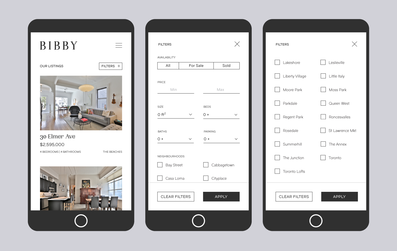 Bibby Mobile Listings and Filters